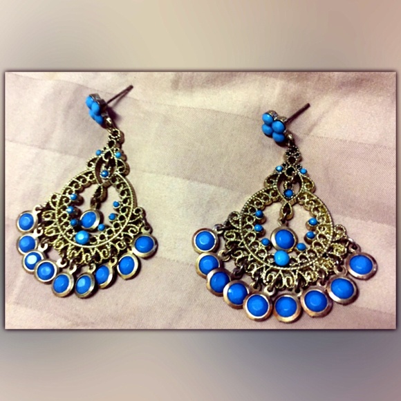 Blue & Gold Tone Vintage Style Chandelier Earrings - Picture 2 of 5